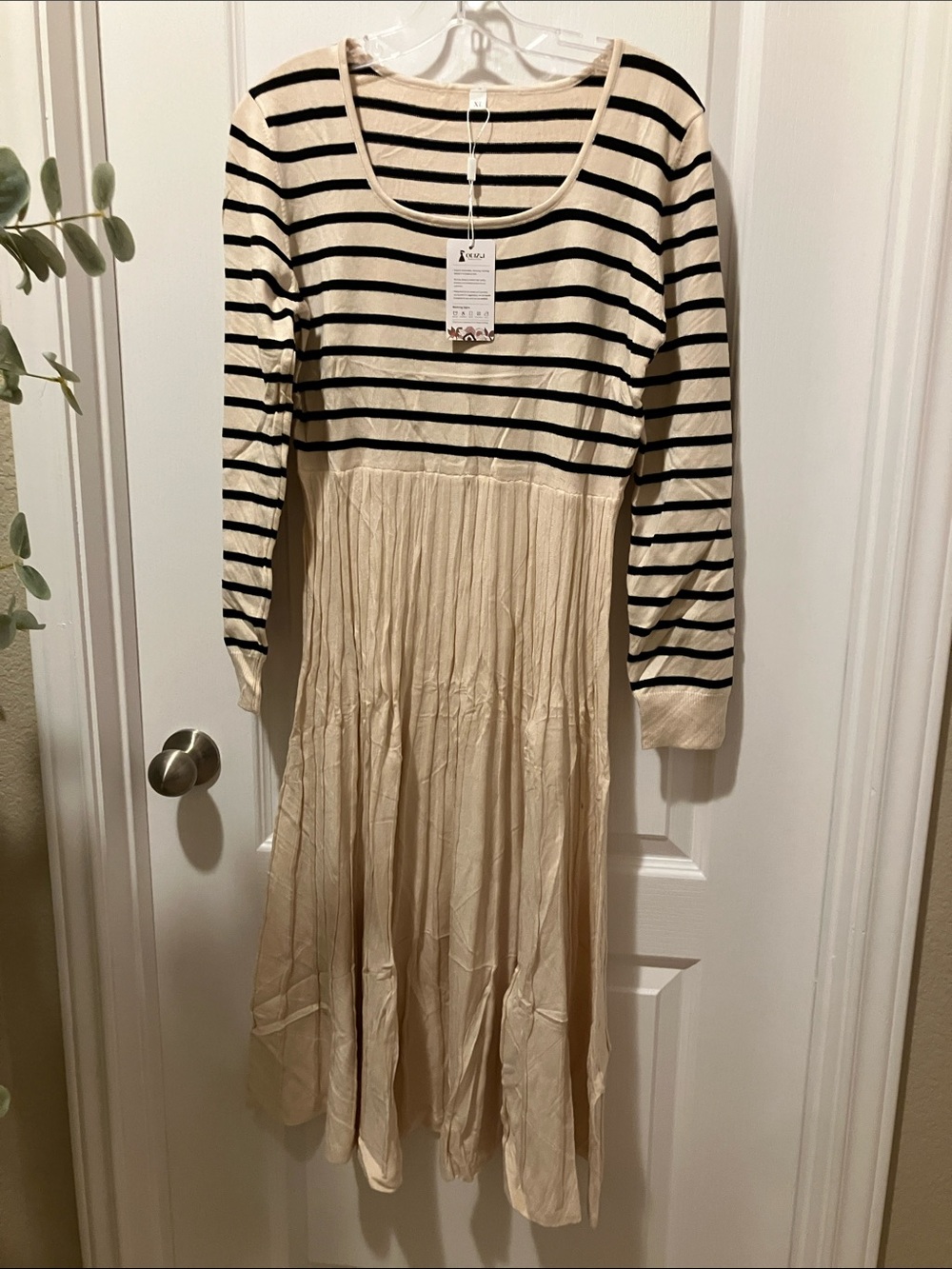 Striped Cream & Black Long Sleeve Midi Dress